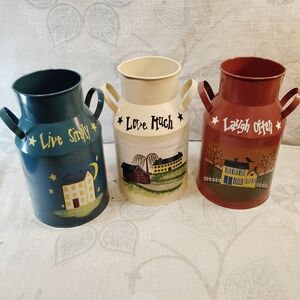 Set of Three Decorative  Hand Painted Metal Milk Cans Live -Love- Laugh